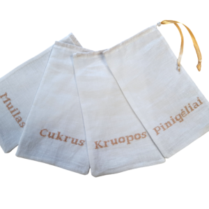 Lininiai rankų darbo krikštynų maišeliai rusvu užrašu